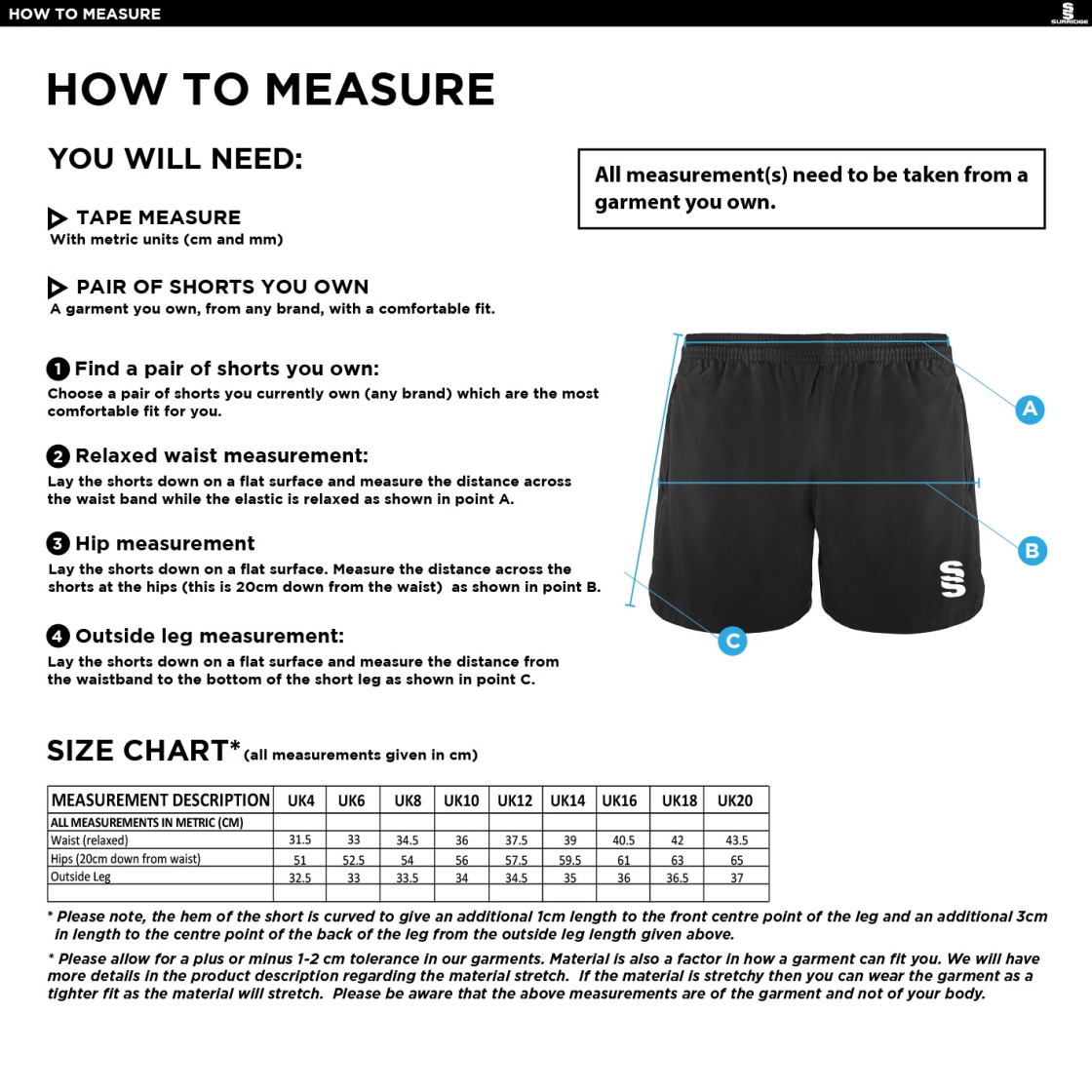 Lincoln Students Union - Performance Gym Short - Women's Fit - Size Guide