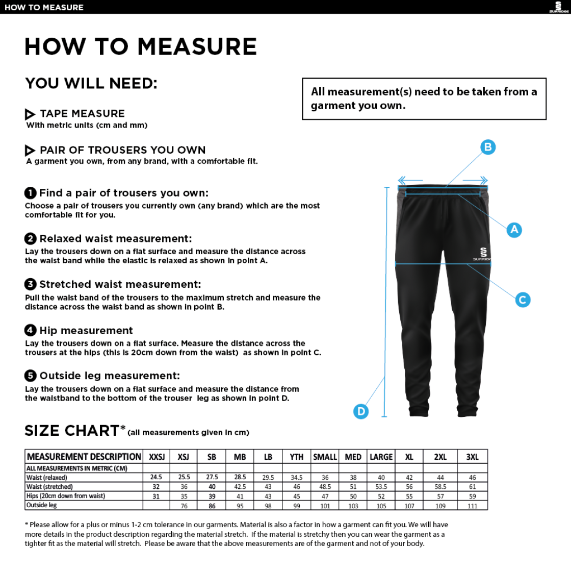 University of Lincoln - Tek Slim Training Pants - Unisex Fit - Size Guide