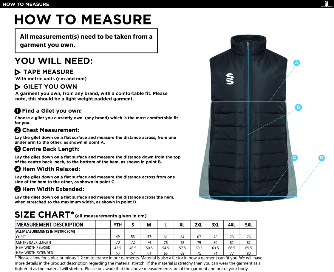 Rowing - Active Gilet - Unisex Fit - Size Guide