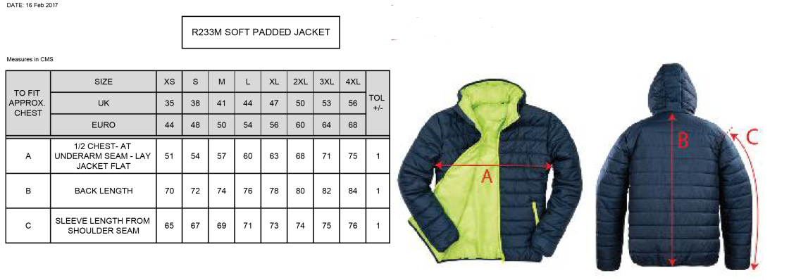 Rowing - Supersoft Padded Jacket : Navy - Size Guide