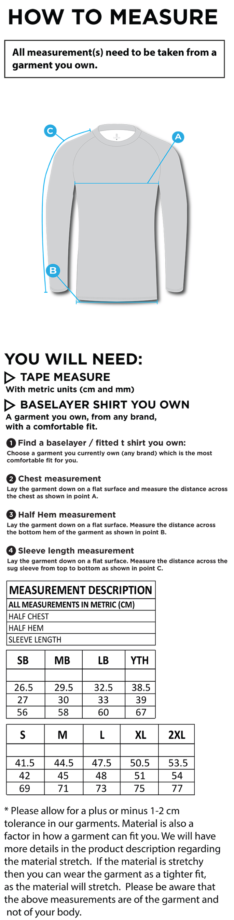 Climbing - Dual Long Sleeve Baselayer - Unisex Fit - Size Guide