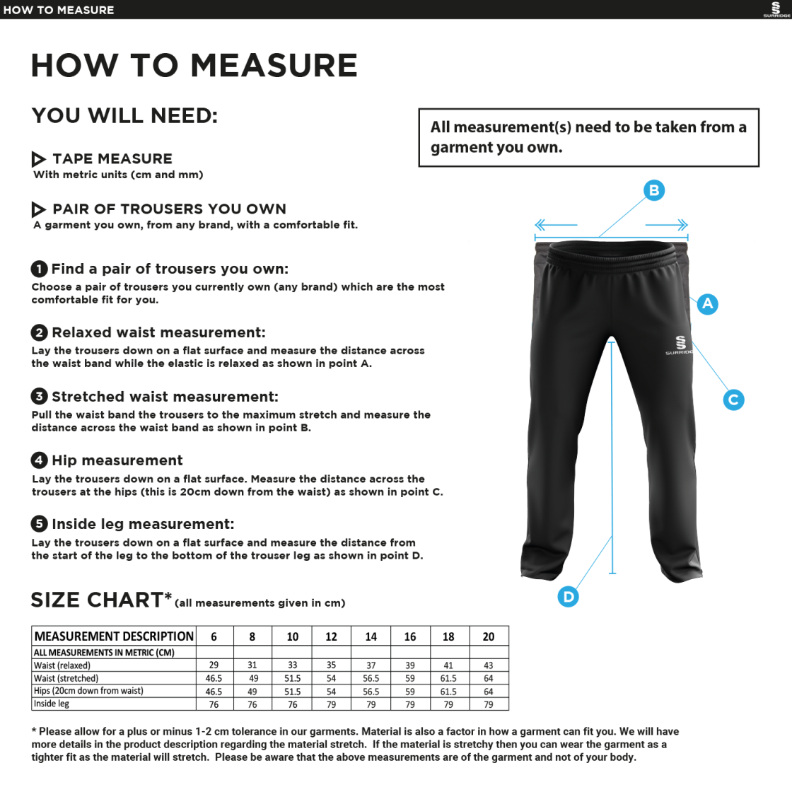 University of Lincoln - Dual Poplin Track Pant with Lycra - Women's Fit - Size Guide