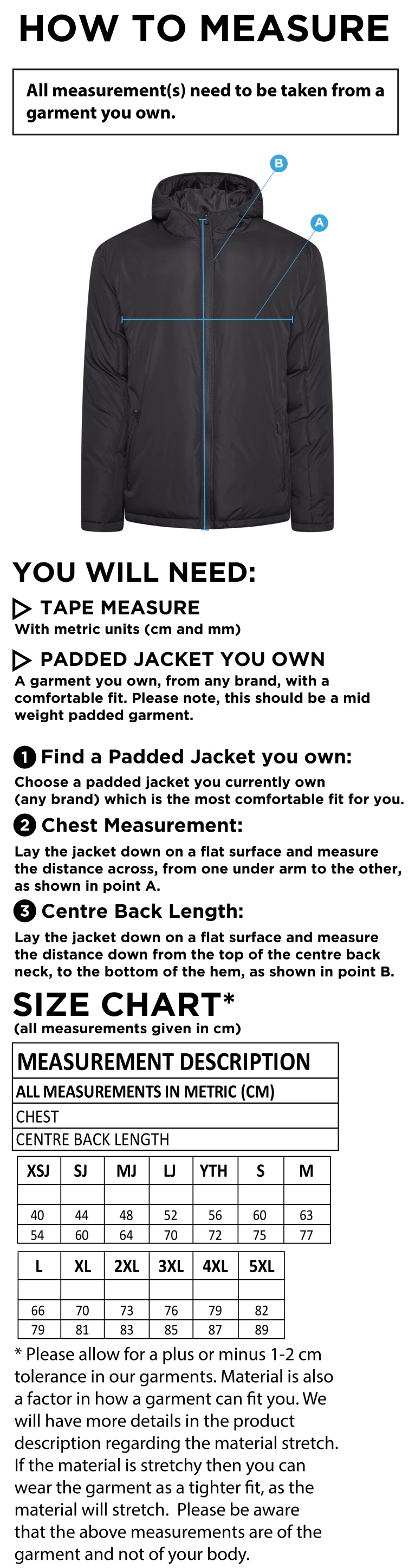 Rowing - Active Padded Jacket - Unisex Fit - Size Guide