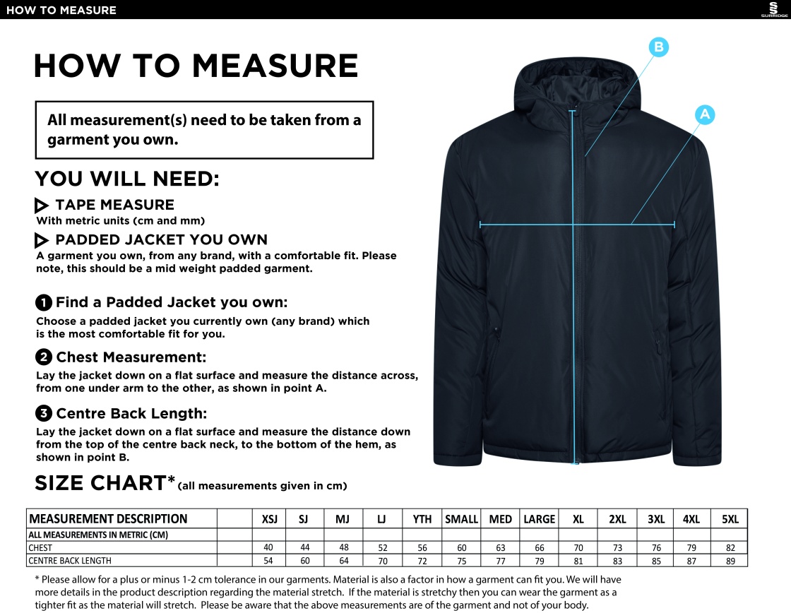 Rowing - Active Padded Jacket - Unisex Fit - Size Guide
