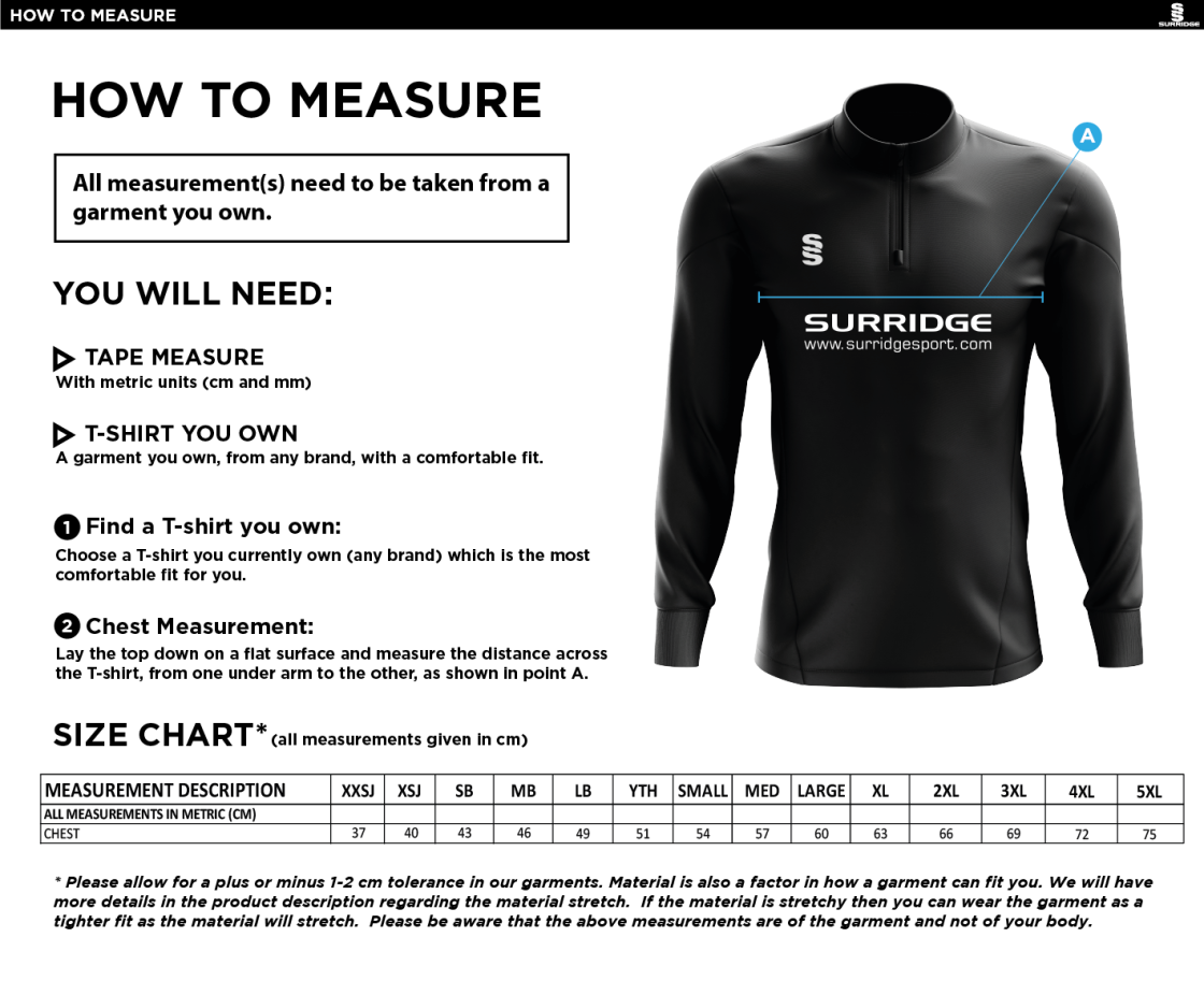 Trampolining - 1/4 Zip Dual Performance Top - Unisex Fit - Size Guide