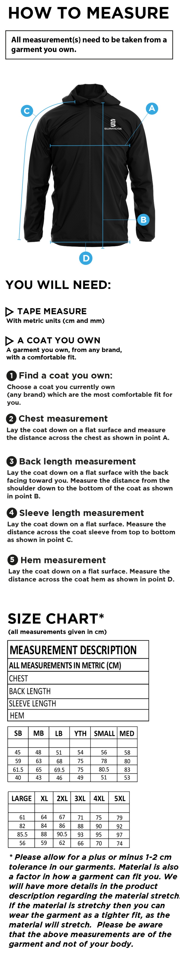 Trampolining - Dual Full Zip Training Jacket - Unisex Fit - Size Guide