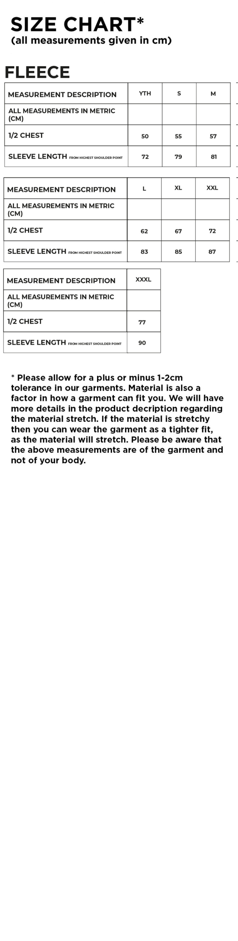 University of Lincoln - Fleece - Size Guide